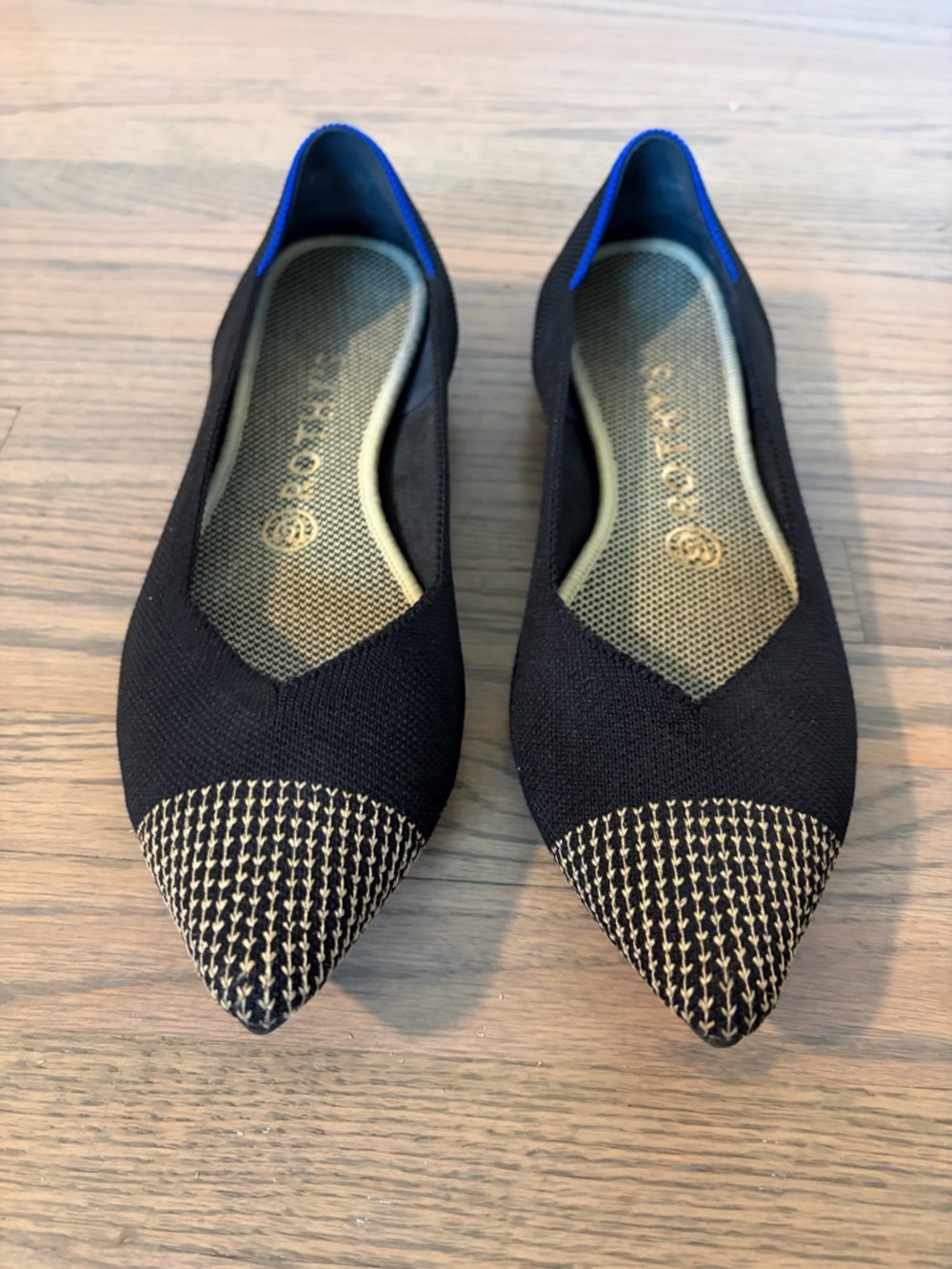 Rothy's Limited Black Knit Pointed Flats with Gold Toe Cap and Blue Collar - 8.5